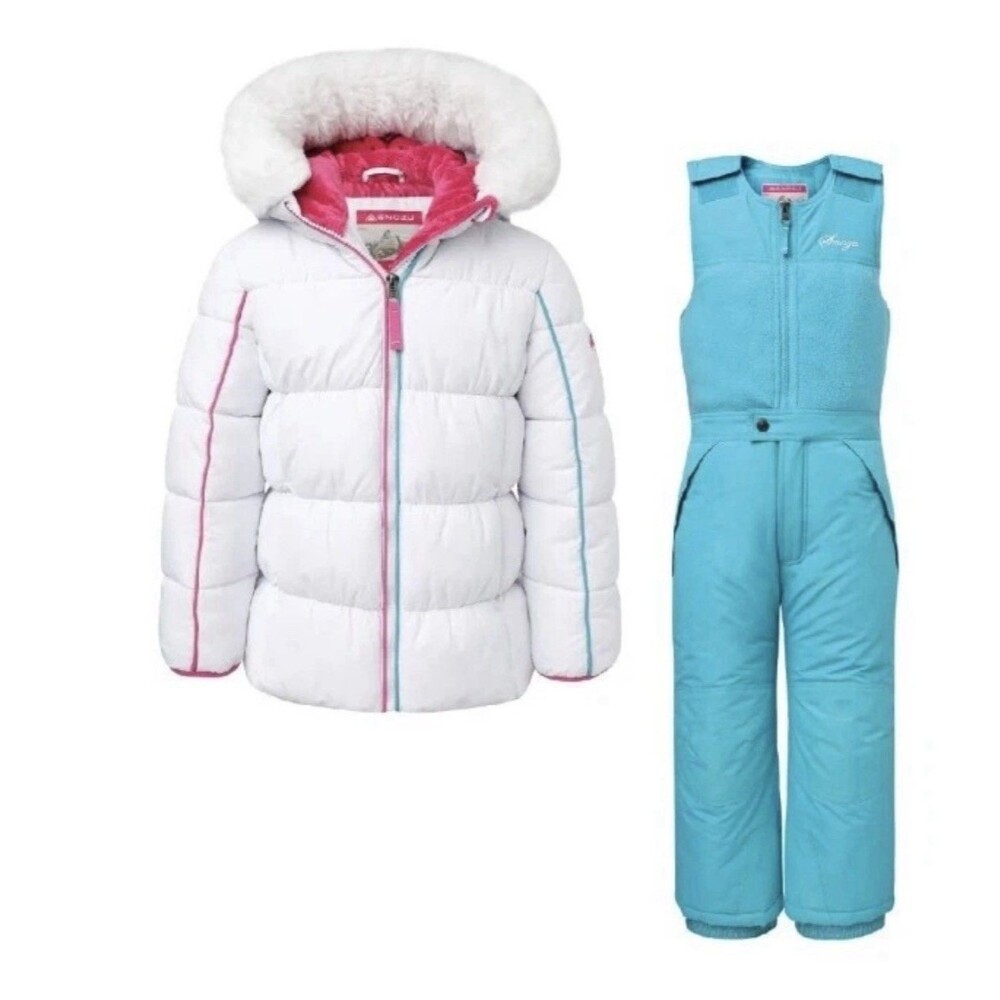 Snozu Kids 2 Piece Snowsuit Set White Puffer Jacket & Teal Snow Pants Size 5